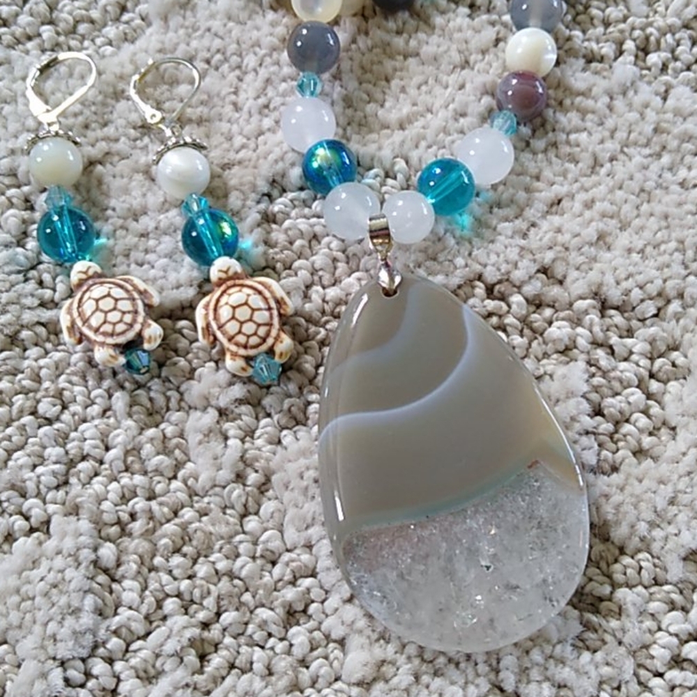 Handmade Gemstone Necklace Set Gray and Crystal